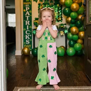 Toddler Baby Girls Spring Jumpsuit Bell Bottoms Shamrock Letter Embroidered Sleeveless Overalls