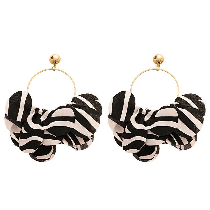 Women's Statement Zebra Print Oversized Fabric Petal Drop Hoop Earrings - Bold Black and White Retro Costume Jewelry for Parties, Streetwear, Everyday Styling