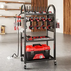 SOYEEZE Storage Cart on Wheels with 8 Outlet Power Strip, Rolling Utility Cart for Garage Organization, Power Tool Organizer with Charging Station, Tool Organizer Cart for Electric Drill/Toolbox