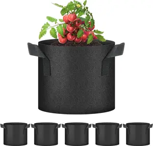 5 Pcs Plant Grow Bag  Raised Garden Planting Beds Pots 5 Gallon Large Heavy Duty Fabric Grow Pot Breathe Cloth Planting Container Outdoor Green
