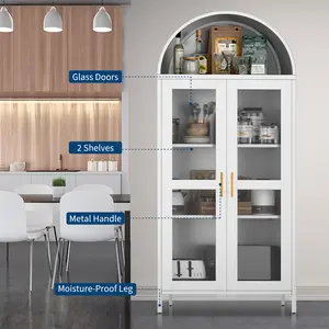 Modern White Arched Metal Entryway Storage Cabinet with Glass Doors – Freestanding Pantry, 2 Adjustable Shelves, Durable Organizer for Kitchen, Dining or Living Room, 31''x15''x73''