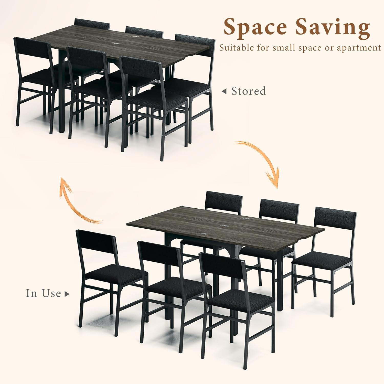 7-Piece Dining Table Set for 4-6, Extendable Kitchen Table Cushion Chairs Set of 6 with 6 Chairs, Rectangle Dining Table with Metal Frame & MDF Board, Folding for Small Apartment Saving Space,Grey Oak