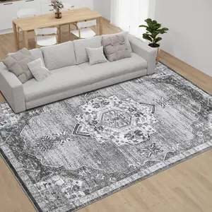 Area Rug Washable Rugs for Living Room Bedroom Office Nursery Oriental Vintage Area Rug Distressed Medalllion Rug Low Pile Neutral Soft Rug Non Slip Farmhouse Floor Cover