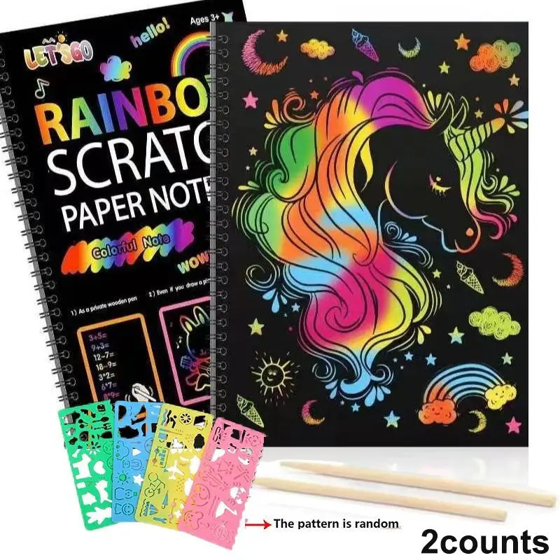 Rainbow Scratch Notebook, 1/2/3 Counts (1 Count with 10 Sheets) Handicraft Supplies Set Painted Paper, Kids Birthday Games Party Christmas Easter Acti