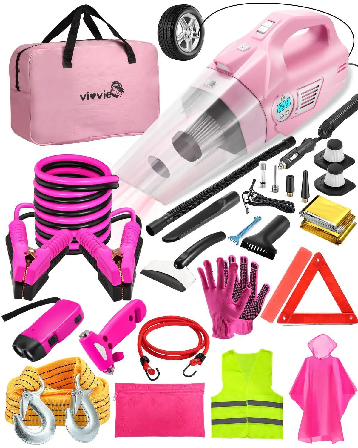 【summerfinds】Roadside Emergency Car kit for Vehicles, with 4 in 1 Inflatable Car Vacuum Cleaner, Pink Jumper Cables, , Tow Rope, Vehicle Road Trip Must Haves Pink Accessories for Women Christmas gift sets，Summervibes