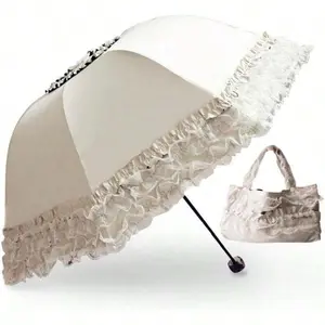 Windproof Folding Sunny And Rainy Umbrella UltravioletProof Anti Sun UV Protection Parasol Umbrella Gift Cover Light White-Lace