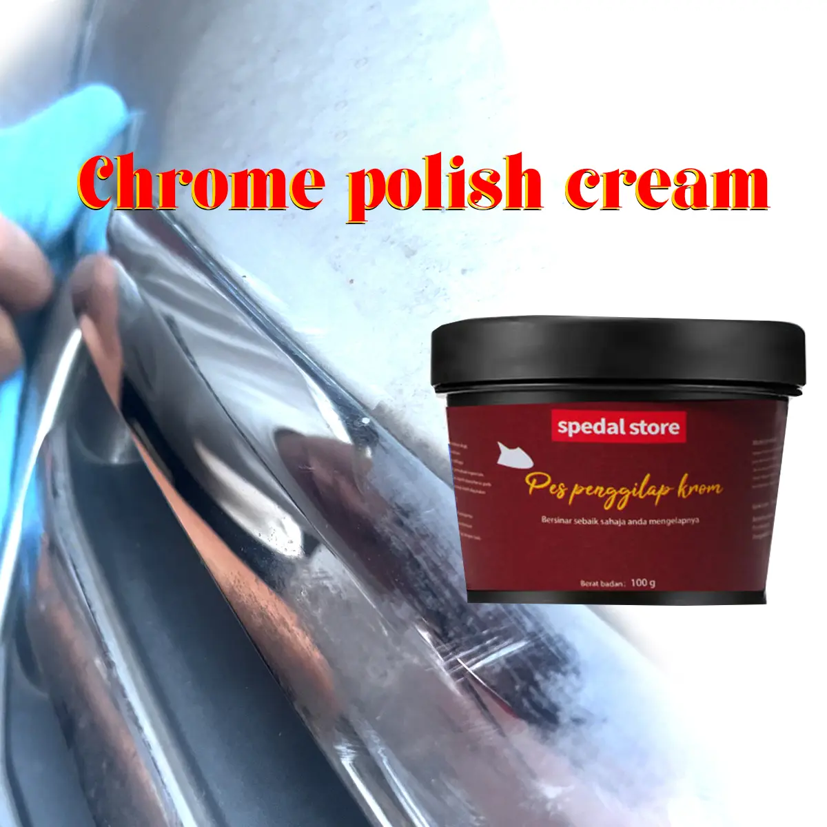 Car chrome polishing compound, used for brightening and cleaning chrome parts; does not address scratches.