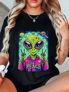 100% Cotton Unisex Retro Alien Lover UFO Abduction Team Alien T-Shirt Casual Top