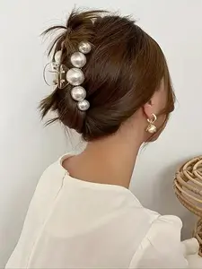 Faux Pearl Decorated White Claw Clip, Minimalist Headwear Suitable for Thick Hair, Fashion Hair Accessories for Party, Daily Clothing Decor, Hair Claws