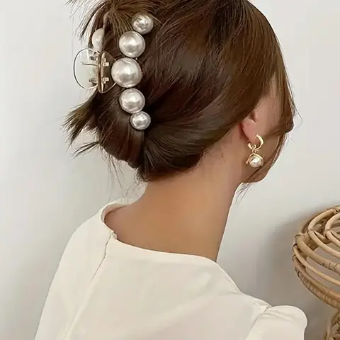 Women's Faux Pearl White Claw Clip, Minimalist Hair Claw for Thick Hair, Fashion Hair Accessory for Party & Daily Wear, Decorative Hair Accessories