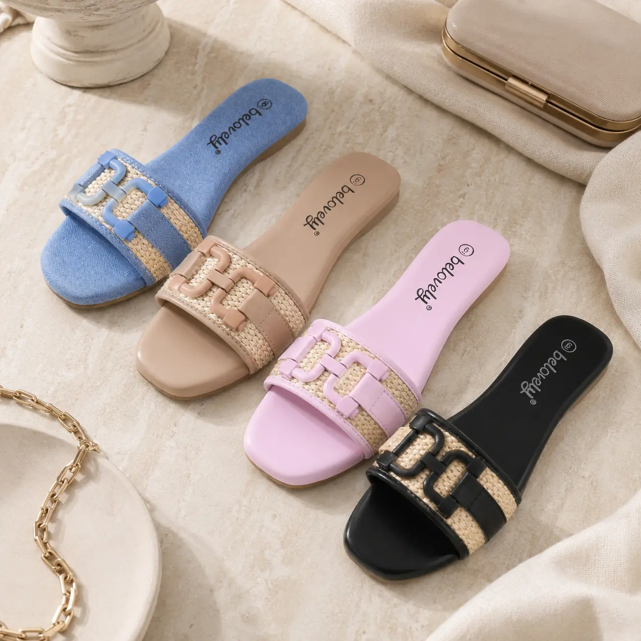 BELOVELY Flat Sandal Women's Braid Buckle Raffia Flat Square Toe Leather Sandals - Summer Comfortable Casual Footwear - Flipflop, Slide