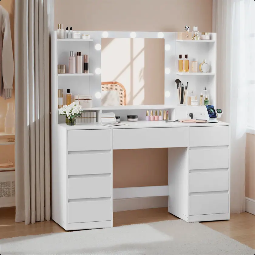 Wrought Studio 43.5in Makeup Vanity Desk with LED Lighted Mirror Charging Station 9 Drawers Modern Dressing Table Bedroom Storage Organizer