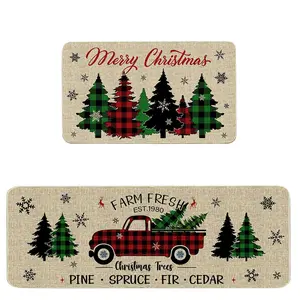 2 counts/set Christmas kitchen floor mat, Kitchen Rug, Non Slip Kitchen Mat, Plaid Tree and Truck Mats for Floor size 16x24' & 16x47'