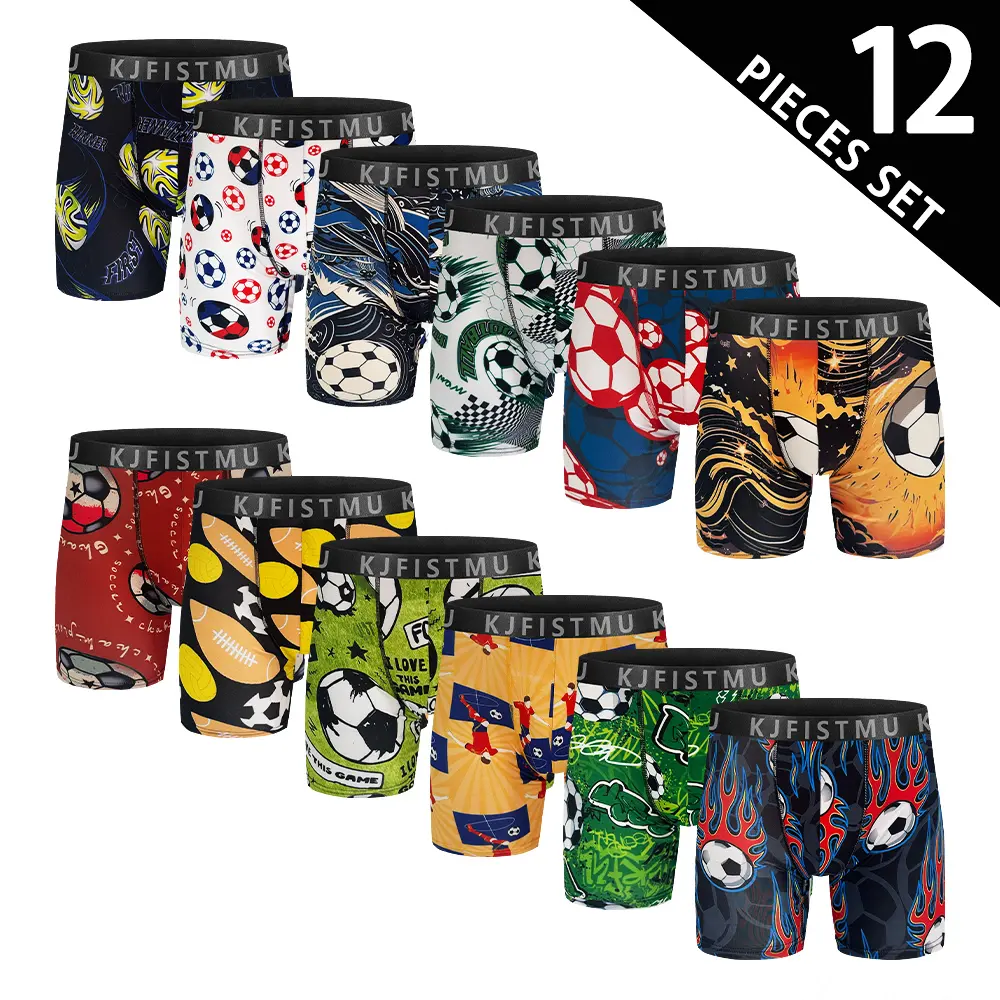 KJFISTMU Men's Boxer Briefs 12-Pack - Menswear with Sporty Soccer Look, Breathable, Moisture-Wicking, Non-Slip Anti-Roll-Up Edges, Suitable for Sports, Home, Office Use