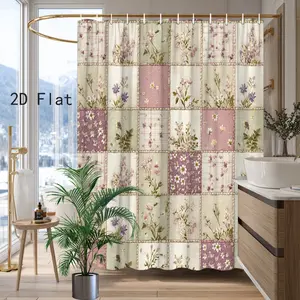 2D Flat 1Pc Vintage Purple-Pink Floral Patchwork Shower Curtain - Country Farmhouse Style Bathroom Curtain with 12 Hooks, Machine Washable, 71x71inch, Suitable for Cozy Bathroom Decor, Stylish Bathroom Partition