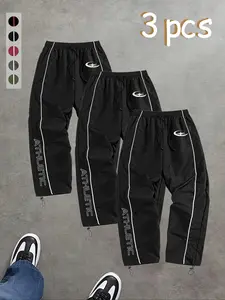 Men's Sporty Jogger Pants, Loose Fit Striped Design, Elastic Waist with Pockets, Casual Street Style, Suitable for All Seasons