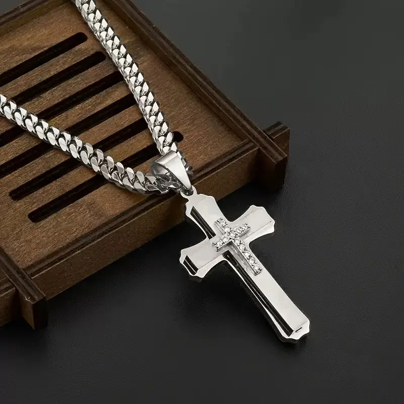 Male Stainless Steel Double-Layered Cross Necklace with Sparkling Zircon Pendant, Long Chain-Link Jewelry, Modern Edgy Fashion Hip-Hop Accessory, High-End Daily Wear Christmas Gift