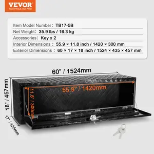 VEVOR Underbody Truck Box, 60x 17x 18 Pickup Storage Box, Heavy Duty Aluminum Diamond Plate Tool Box with Lock and Keys, Waterproof Trailer Storage Box with T-Handle Latch for Truck, Van, Trailer