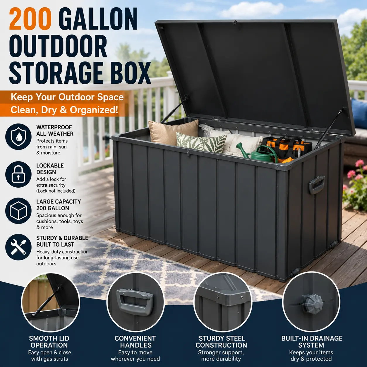 Elon 200 Gallon Large Deck Box for Outdoor Storage| Heavy Duty Resin Patio Storage Bin with Lockable Lid| Waterproof Sun Shelter for Cushions, Garden Tools & Pool Toys| Dark Gray