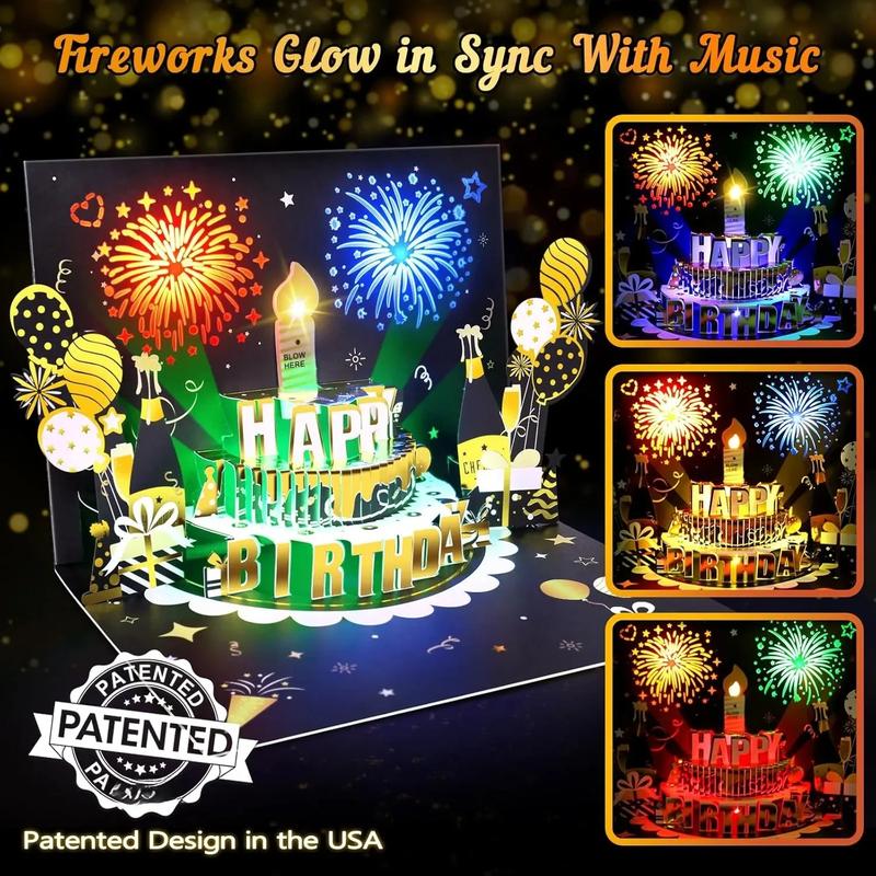 DIY Age Birthday Cards, 3D Pop-Up Firework Birthday Cards with Music & LED Lights, Happy Birthday Gifts for Mom, Women, Men, Kids, Dad, Father, Wife