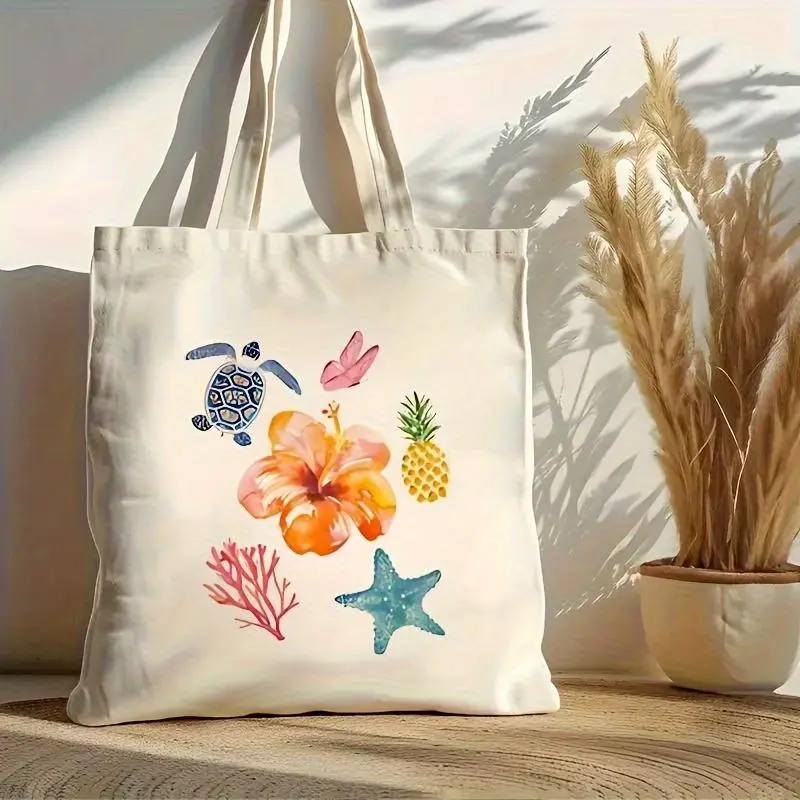 1pc Single Size Double-Sides Printing Tropicl Bech Tote Bg - Durble, Non-Fding, Spcious Bckpck with Vibrnt Designs of Turtles, Flowers, Pinepples, Nd Strfish for Christms, Hlloween, Vlentine's Dy, Nd Thnksgiving Decortions