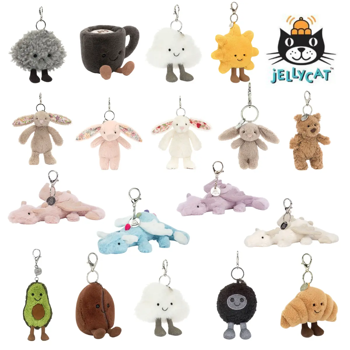 New Jellycat Collectible Plush Keychain - Cute Animal or Food Themed Soft Charm - Hanging Pendant Gift for Backpacks, Car Keys