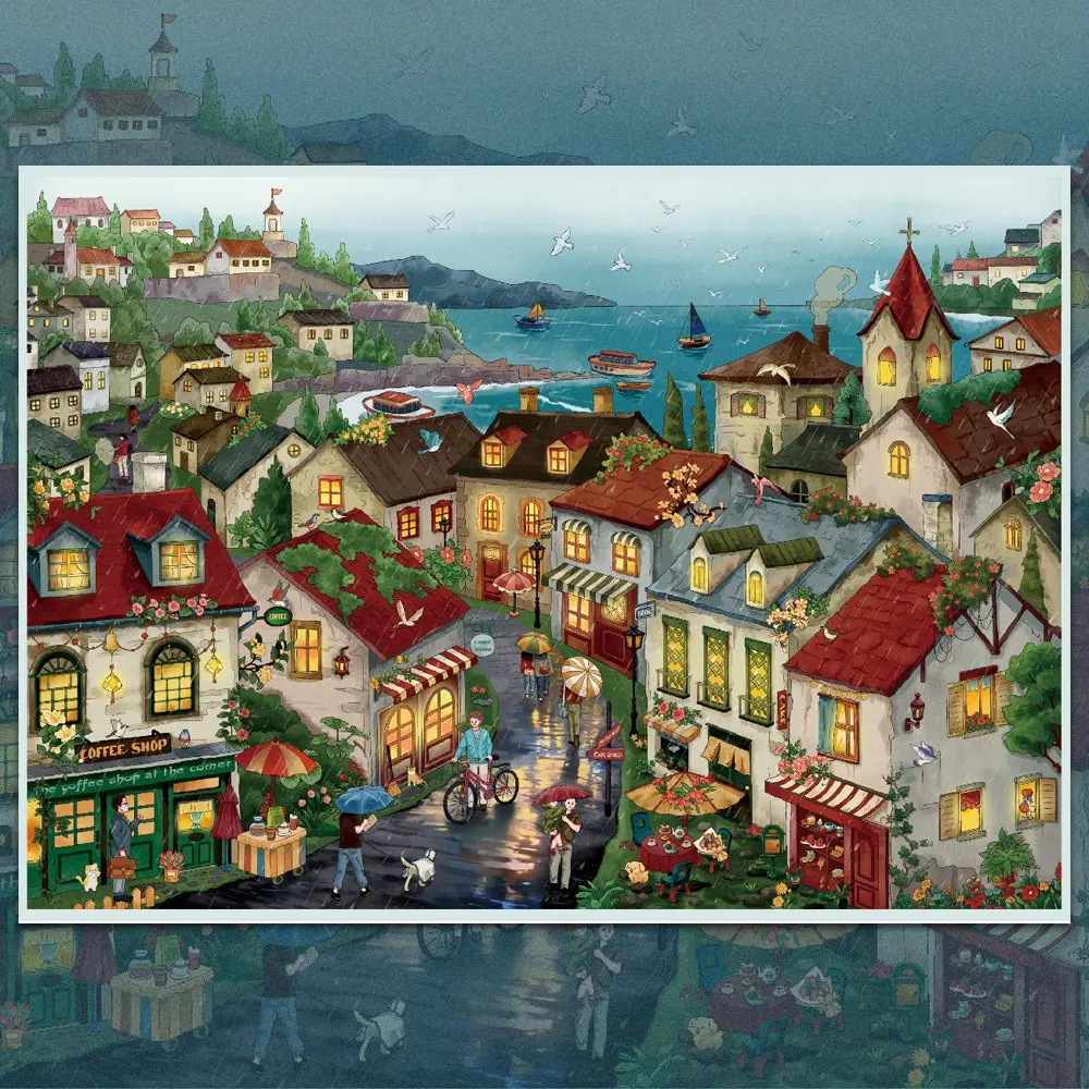 Moody Rainy Day Seaside Cityscape Scenery Stickers, Vintage Coastal Town Rain Scene Stickers, Aesthetic Wet Ocean Street & Building Stickers for Diary & Card Making Immersive DIY Scenery Stickers for Stress Relief Crafting