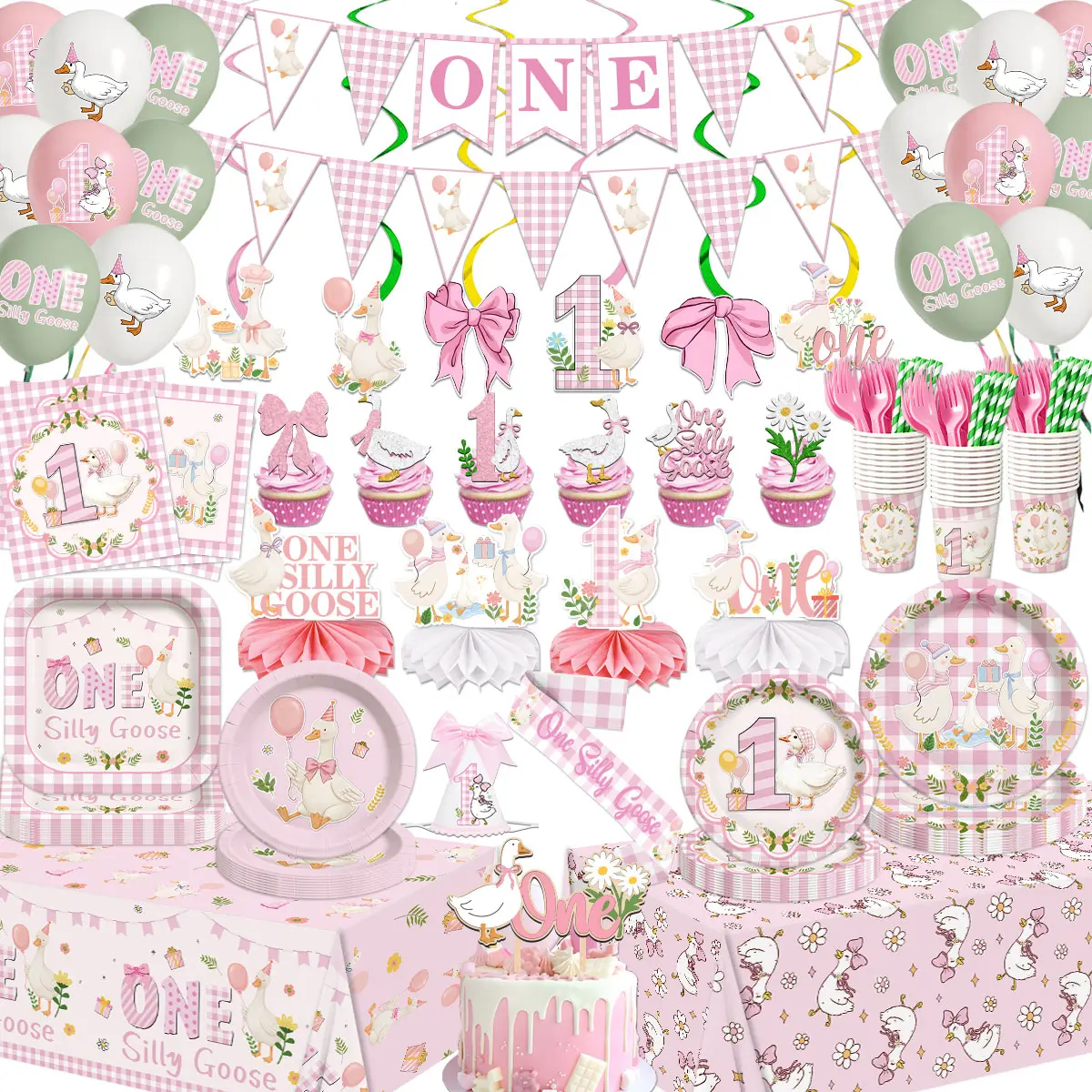 One Silly Goose Birthday Decor Girl Pink Goose 1st Themed Party Supplies with Girl Bow 1st Hat Banner Plates Napkins Tablecloths Sash Hanging Swirls Balloons for First Birthday Supplies for Girls