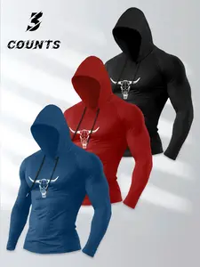 Men's Long Sleeve Casual Streetwear Hooded T-Shirt Set, 3 Piece Pack, Spring & Fall Fitness Sport Essential, Comfortable Cow Print Design