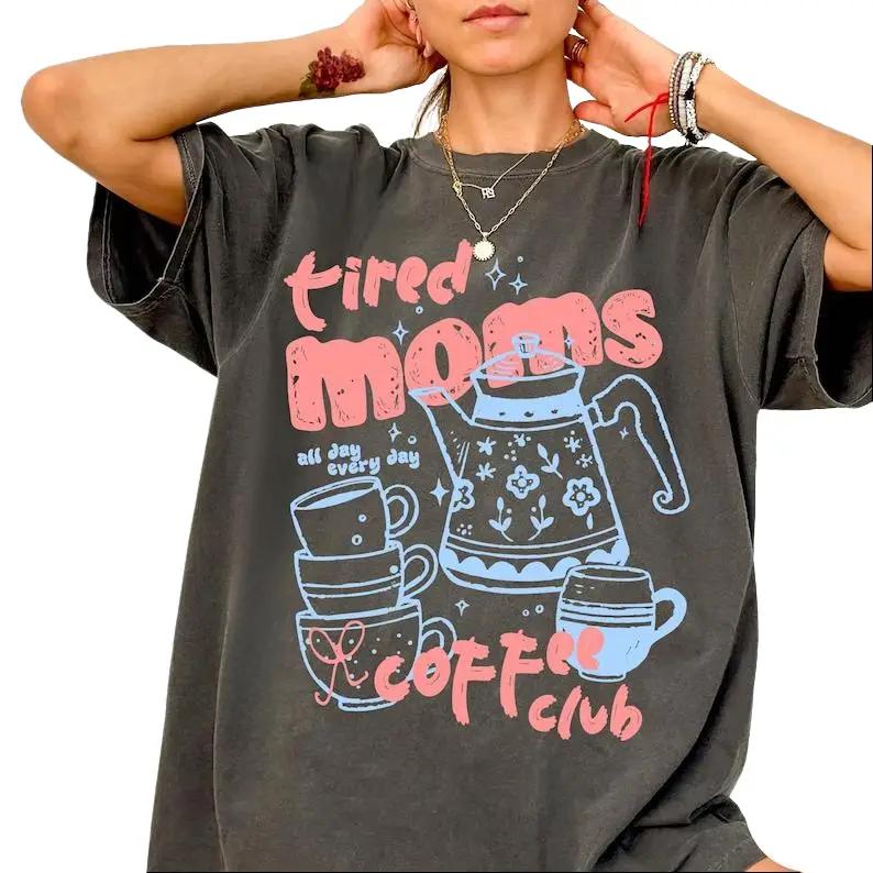 Comfort Colors Tired Moms Coffee Club T-Shirt, Funny Retro Coffee Lover Graphic Tee, Mom Life T Shirt, Vintage Preppy Mom Shirt