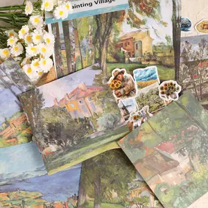 Impressionist Oil Painting Village Decorative Background Paper, 24pcs Scrapbooking Paper & 24pcs Sticker, Gift Wrap, DlY Scene Construction, Collage Decoration