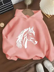 Girls' Hooded Sweatshirt Horse Print, Cool Animal Style, Fashion, Soft Fabric, Trendy Kids Clothing