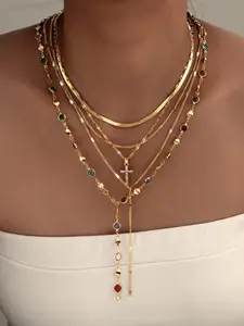 Women's Fashion Cross Rhinestone Y-Shaped Layered Necklace Set, 5-Piece Dainty Layering Jewelry, Perfect for Daily Wear & Party Gifts