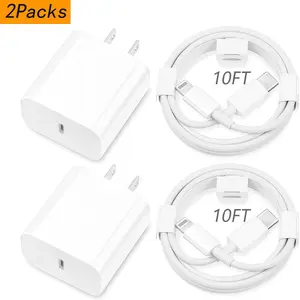 2-Pack 20W Super Fast Charging USB-C Wall Charger Block with 2-Pack 10FT/6FT USB-C to Lightning Cable for iPhone 17/16/15/14/13/12/11 Pro Max，and so on