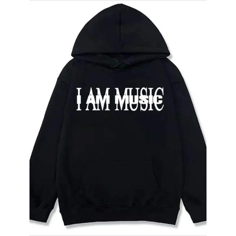 Men's "I Am Music" Graphic Hoodie - Black Casual Vintage Style, Cozy  Knit with Front Pockets, Long Sleeve Pullover for Fall/Winter, Perfect for Halloween & Christmas, Cozy Pullover |     Vintage Style Hoodie |     Comfortable Fit Hoodie