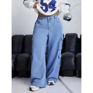 �� Plus Size�� Solid Button Fly Pocket Cargo Jeans, Casual Fashion Denim Pants for Daily Outdoor Wear, Women Clothing for Fall & Winter