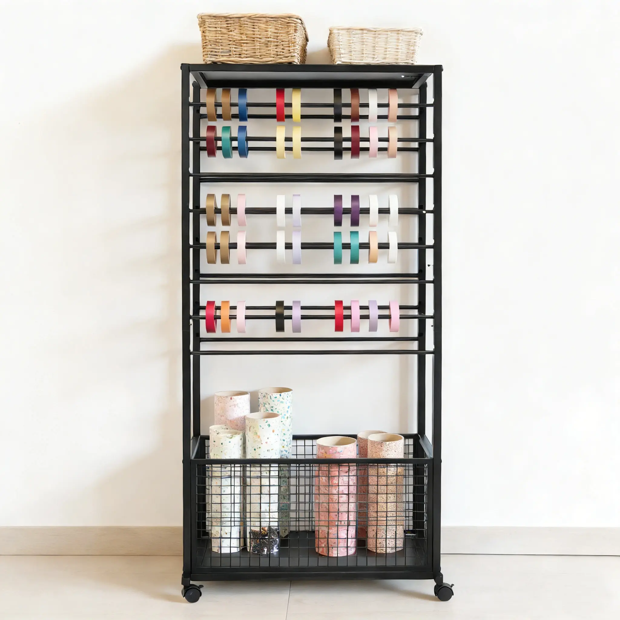 CNCEST 16-Tier Double-Sided Rectangle Ribbon Organiser with Adjustable Metal Racks, Lockable Wheels, Durable Sturdy Rack, 67*32*150cm Multilayer Storage Rolling Home Holder for Wrapping Paper, Fabrics (Storage Organization Solution)