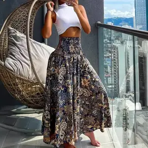 Women’s boho floral print shirred high-waist wide-leg dress for casual spring and summer wear