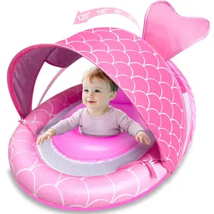 Baby Float with Canopy for Age 6-36 Months, UPF50+ Sun Protection 4 Stage Adjustable Canopy Dual Air Chambers Adjustable Safety Seat Inflatable Swim Pool Float for Baby Toddler Summer Essential Water Fun