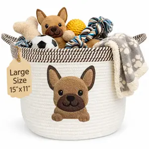 French Bulldog Dog Toy Basket - Boston Terrier Gift - Pug Storage Basket - Frenchie Mom Decor - Woven Rope Pet Organizer - 15"x11" Large Size