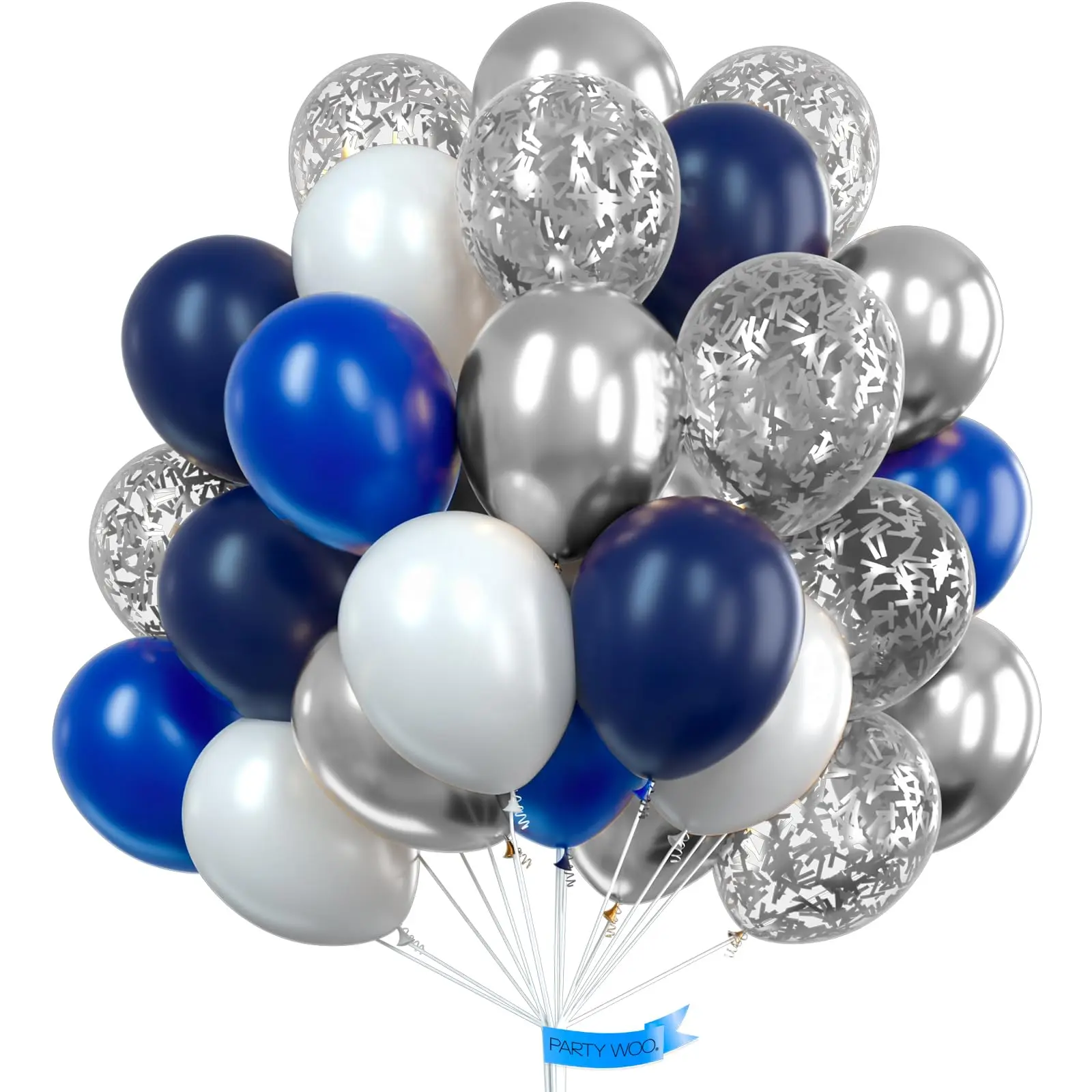 PartyWoo 100-Pack 12-in Rubber Round Balloon Arch Garland Kit - Navy, Royal Blue, White, Metallic Silver Confetti Balloons with Pearl Accents, Hand-Operated Pump, Helium-Floatable for Birthday, Graduation Party Decorations