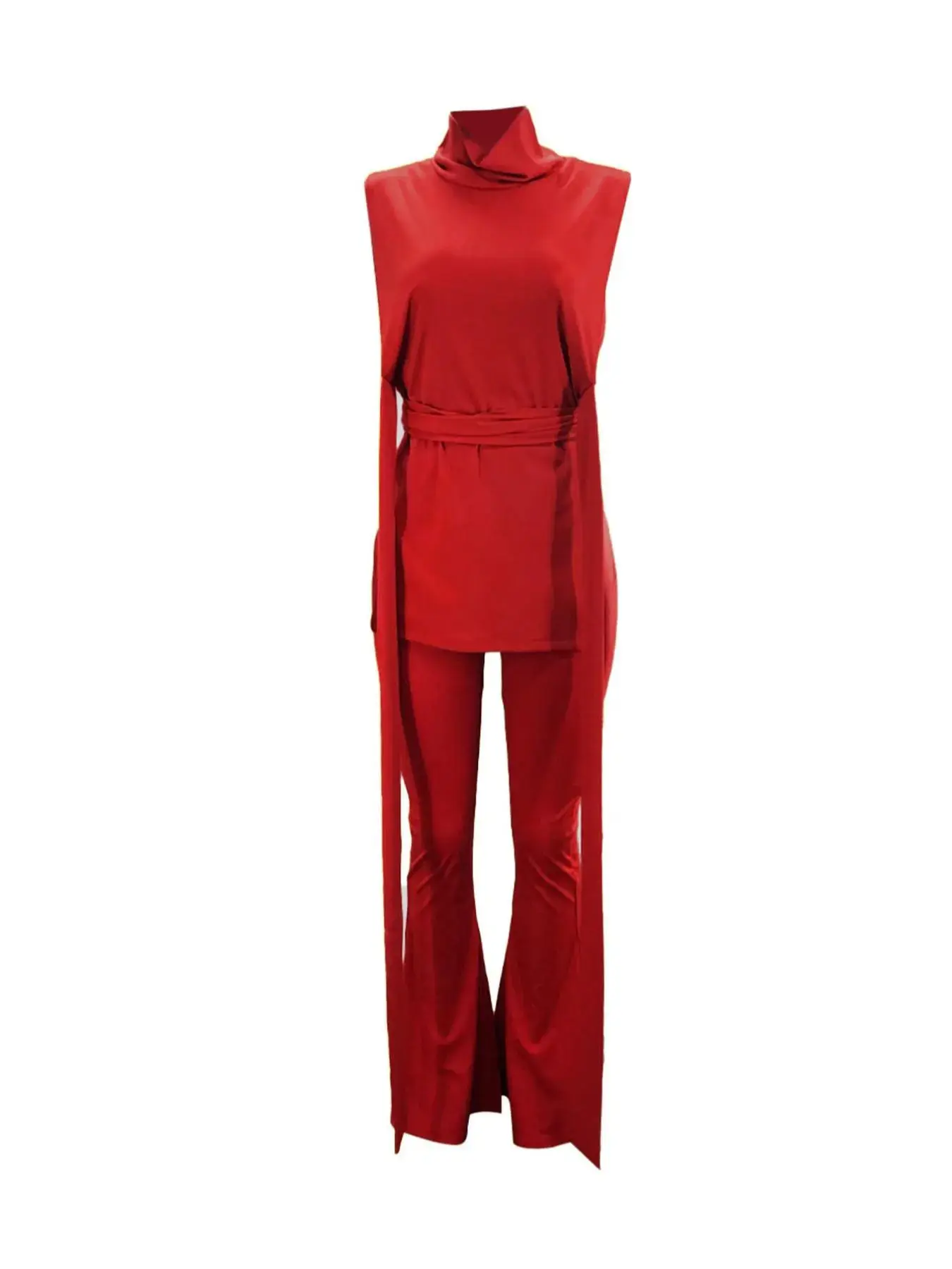 Women's Two Piece Solid Ribbed Belted High Neck Tank Top and Wide Leg Pants Set Stretchy Knit Matching Beach Lounge