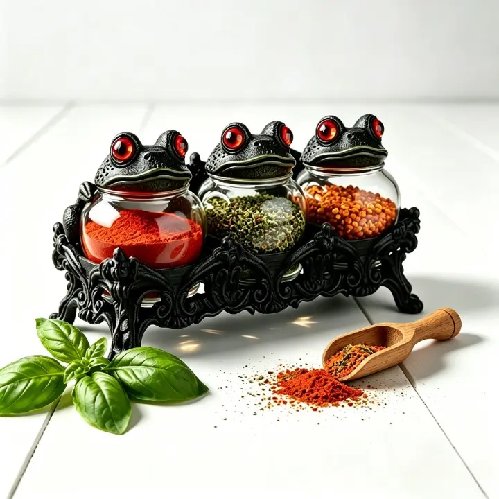 Whimsical Frog Spice Jar Set of 3 with Matching Display Base – Vintage Apothecary Glass Storage Containers with Frog Lids for Kitchen Organization, Salt, Pepper, Herbs & Tea, Cottagecore Home Decor Gift