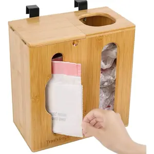 Bamboo Plastic 2-in-1 Trash Bag Dispenser & Grocery Bag Holder with Large Storage Capacity, Easy to Install, Magnetic Suction Closure
