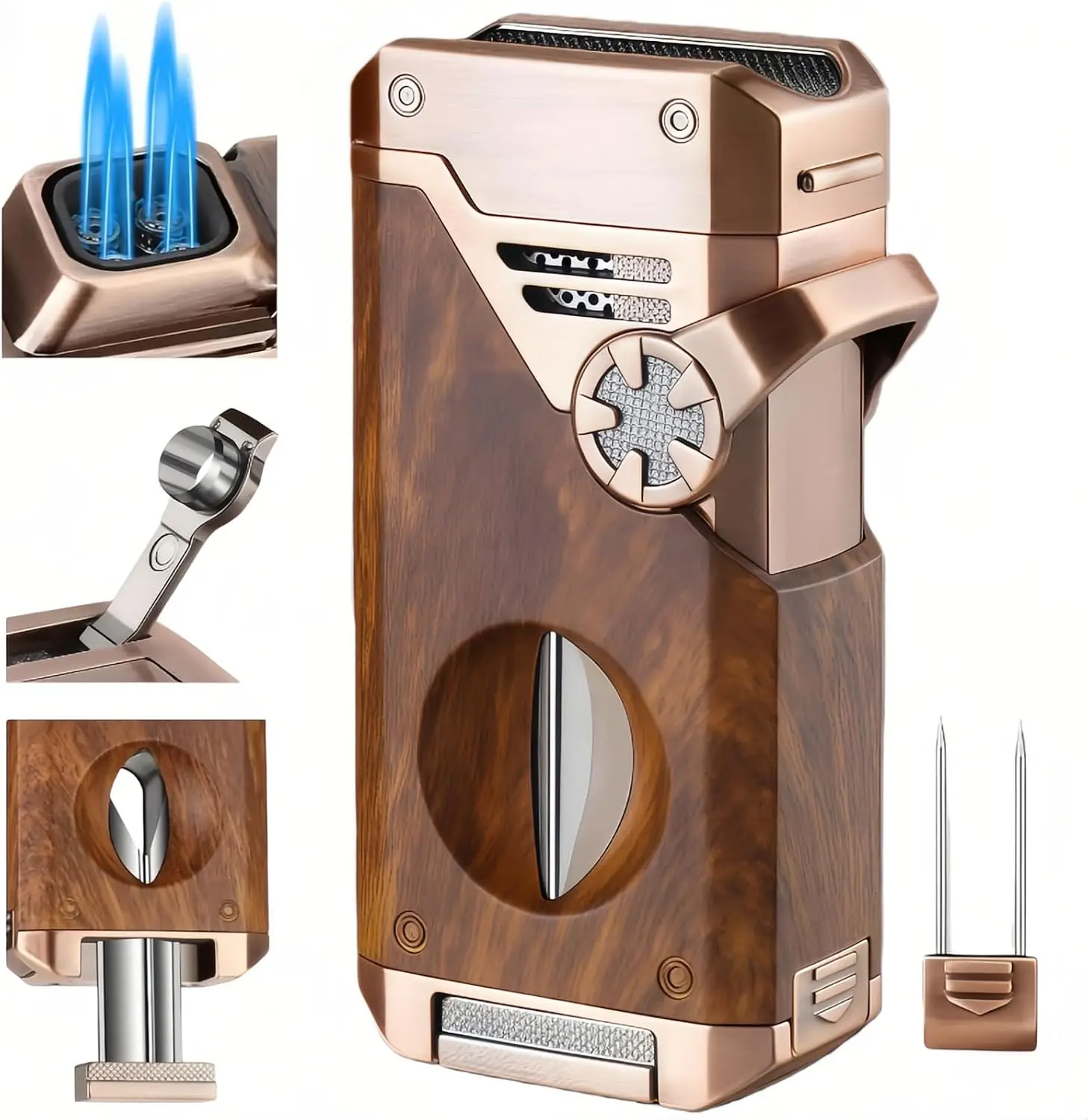 5-in-1 Lighter, Windproof 4 Jet Blue Flames, and Refillable Butane Lighters, Gifts for Men (Fuel Not Included) (Red)