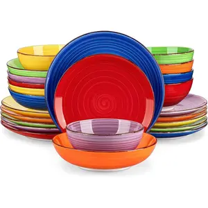 Bonita Dinnerware Sets, 24 count Multicolor Stoneware Dinner Set for 6, Handpainted Spirals  Ceramic Plates and Bowls Sets Kitchen Plate Set