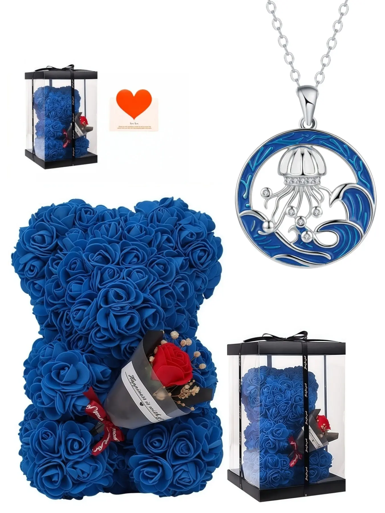 Enchanted Sea Jellyfish Enamel Jewelry Necklace, Unique design pendant, summer ocean-inspired jellyfish necklace with inlaid crystals and resin, comes with a preserved rose teddy bear gift box, perfect gift for birthdays, Valentine’s Day and Christmas