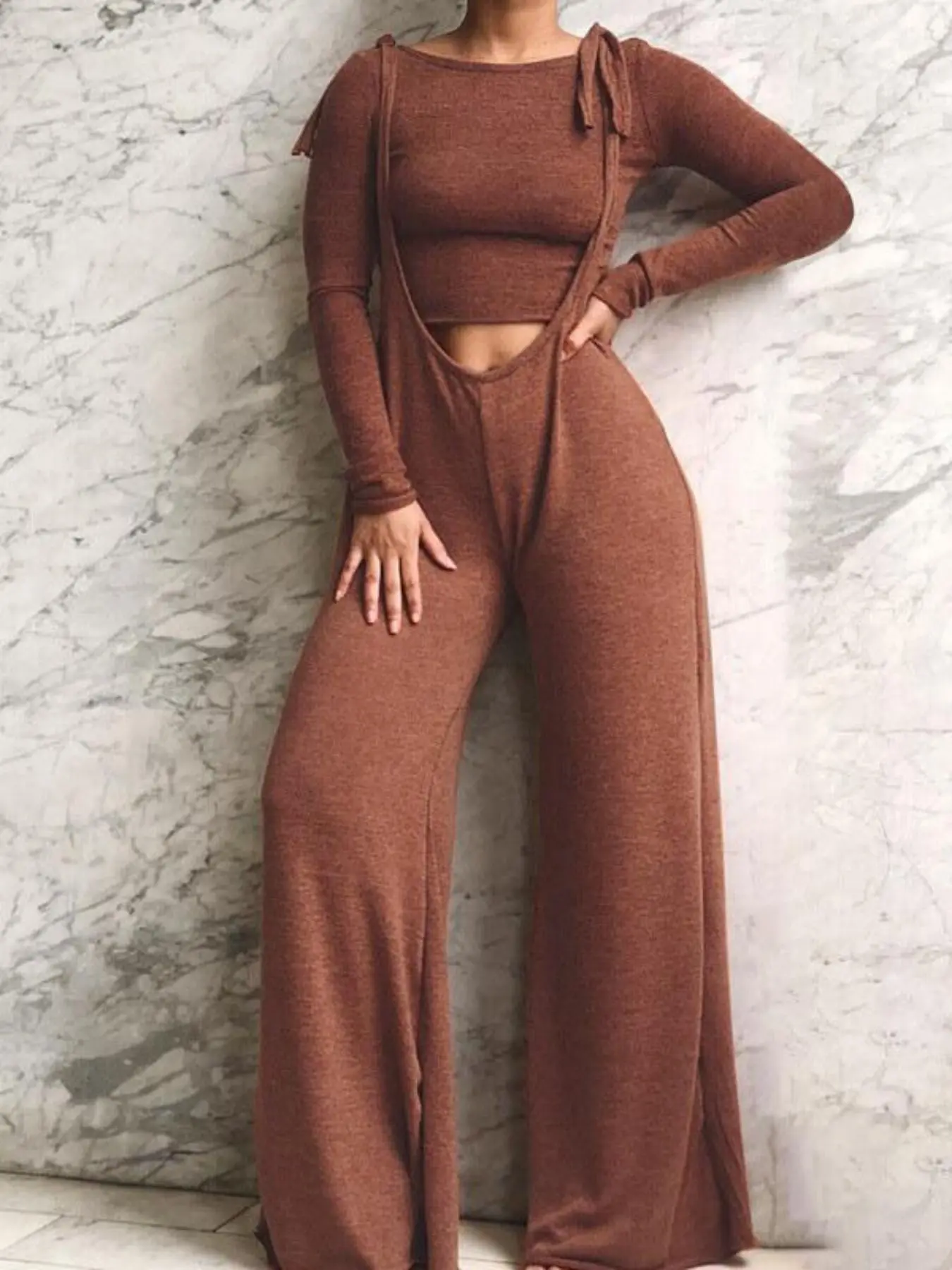 MOTIONKILLER Women's 2-Piece Comfy Sets, Casual Long Sleeve Boat Neck Crop Top with Stretchy Wide Tie-Strap Overalls