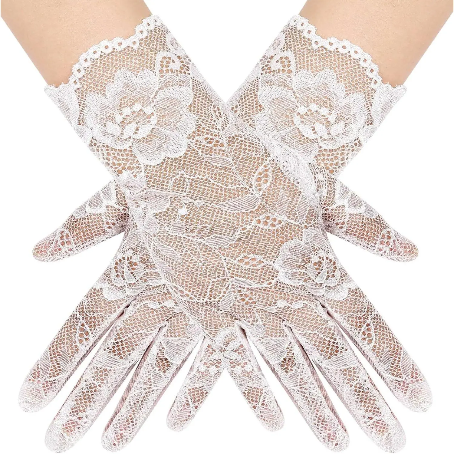 Women's Short Lace Floral Gloves Sheer Mesh Tulle Wrist Length Wedding Bridal Opera Tea Party Gloves