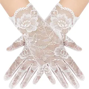 Women's Short Lace Floral Gloves Sheer Mesh Tulle Wrist Length Wedding Bridal Opera Tea Party Gloves